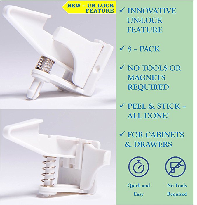 Baby Cabinet Safety Latches/Locks - NEW Un-Lock Feature - 8-Pack White - Use for Cabinets and Drawers - No Tools Required - 3M Adhesive