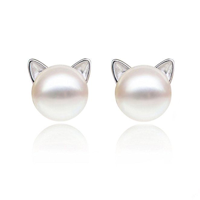 S.Leaf Cat Ear Stud Earrings Freshwater Cultured Pearl Stud Earrings Sterling Silver Ear Studs