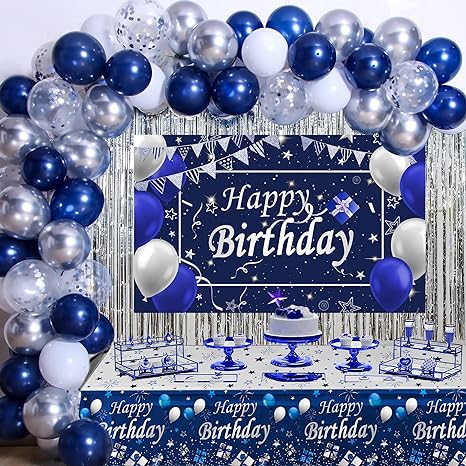 Blue Birthday Decorations for Men, Happy Birthday Decorations for Men Women Boy Party Decoration Backdrop & Tablecloth Balloons Arch Kit Blue Silver Confetti Balloons Foil Fringe Curtains Table Cover