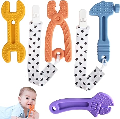 Fu Store Soft Silicone Teething Toys for Toddlers Infant Hammer Wrench Spanner Pliers Shape Baby Teethers Relief Soothe Babies Gums Set (4 Pack Hammer Set)