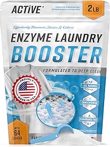 Enzyme Laundry Booster Odor Remover - 2 lbs Unscented Enzymatic Clothes Stain Cleaner Powder, Natural Deodorizer with Bio Active Enzymes, Detergent Additive Eliminator for Sweat, Oil, Blood - 64 Loads