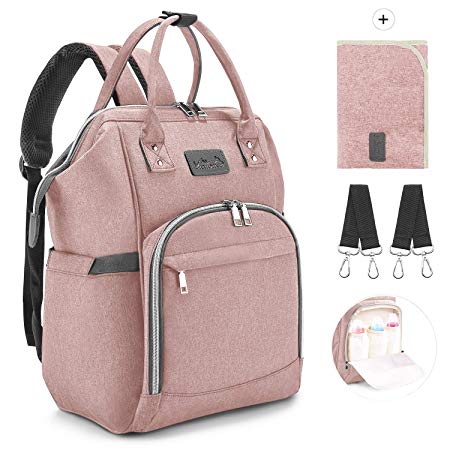 Baby Changing Bag, Viedouce Baby Diaper Bag Nappy Backpack, Maternity Bags with 1 Pcs Diaper Changing Pad and 2 Stroller Straps, Waterproof, Large Capacity for Mom and Dad (Pink)
