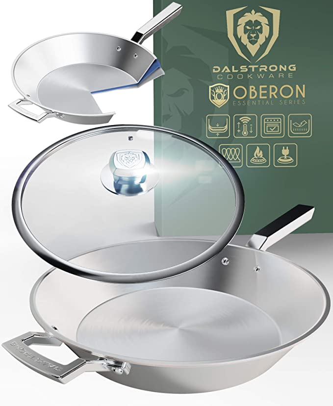 DALSTRONG 12" Frying Pan Skillet - The Oberon Series - 3 Quart - 3-Ply Aluminum Core - Silver - w/Lid & Pot Protector