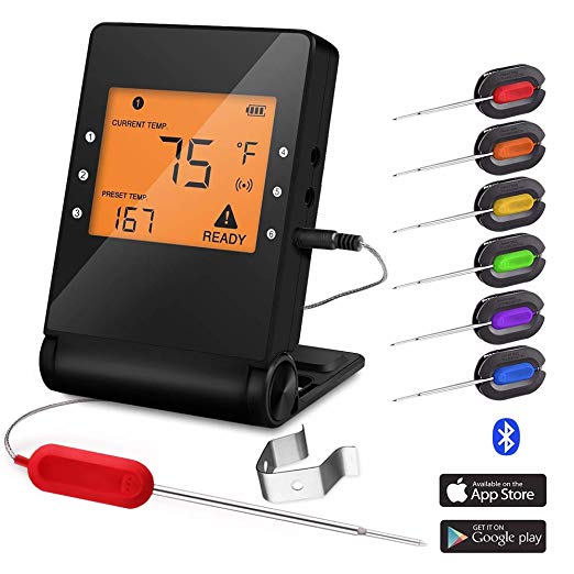 Wireless Meat Thermometer Probe Bluetooth BBQ Remote Digital Cooking Thermometer with 6 Probes Port for Smoker Grilling Oven Griddle Kitchen Support iOS and Android