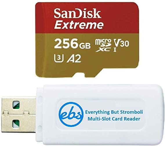 SanDisk 256GB SDXC Micro Extreme Memory Card Works with Samsung Galaxy S10, S10 , S10e Phone Class 10 A2 (SDSQXA1-256G-GN6MN) Bundle with (1) Everything But Stromboli Card Reader