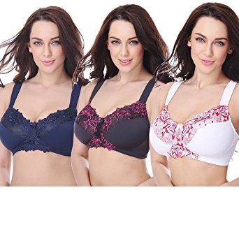Curve Muse Plus Size Minimizer Wirefree Bra With Lace Embroidery-3Pack