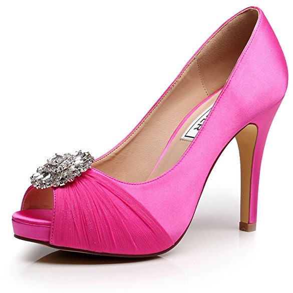 LUXVEER Wedding Shoes Combining Satin Lace and Rhinestone Brooch High Heel 4.5inch-Peep Toe-EUR35