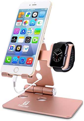 Adjustable Cell Phone Stand - ToBeoneer Watch Holder [Upgraded Solid] Aluminum Charging Cradle Dock Compatible with iPad Apple iWatch iPhone Xs XR Max X 9 8 7 6 6s Plus Home Office Decor (Rose Gold)