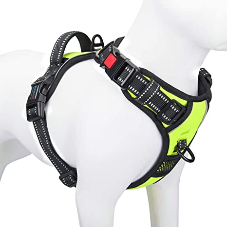 PHOEPET No Pull Dog Harness Medium Reflective Front Clip Vest with Handle,Adjustable 2 Metal Rings 3 Buckles ,[Easy to Put on & Take Off](M, Green)