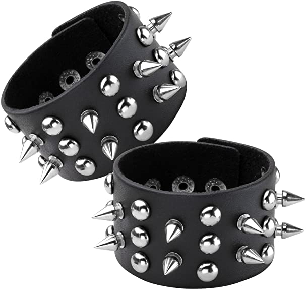 EIGSO 2Pcs Spike Studded Rock Punk Biker Wide Strap Leather Bracelet Set Gothic Rivet Buckle Wristband for Men Women
