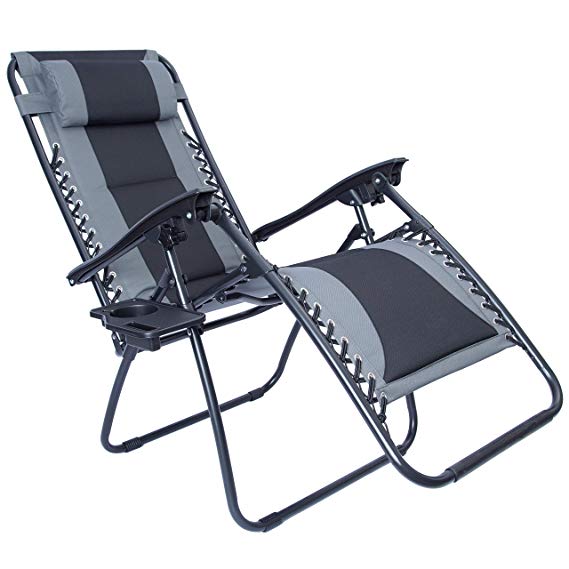 LUCKYBERRY Padded Zero Gravity Lounge Chair Patio Foldable Adjustable Reclining with Cup Holder for Outdoor Yard Porch Grey