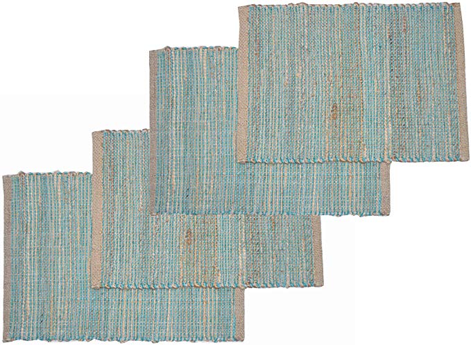 Chardin home Eco-Friendly Jute/Cotton Placemats (Set of 4 mats). Size: 13" X 19". Jute/Aqua -Turquoise