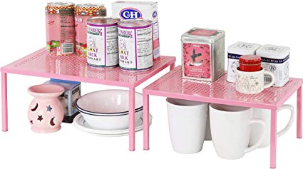 SimpleHouseware Expandable Stackable Kitchen Cabinet and Counter Shelf Organizer, Pink