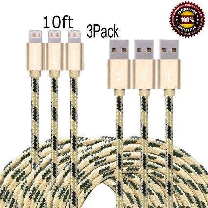 E-POWIND 3PCS 10FT 8Pin Lightning Cable Nylon Braided Extremely Extra Long Charging Cable USB Cord for iphone 6s, 6s plus, 6plus, 6,SE,5s 5c 5,iPad Mini, Air,iPad5,iPod on iOS9.(gold black).