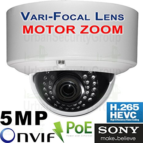 USG MOTORIZED Auto-Focus 2.7-13.5mm Lens : Sony Chip H.265 IP 5MP PoE Dome Security Camera: 2592x1944, 5x Optical Zoom, IR LEDs, Weatherproof, ONVIF 2.6, Business Grade : View Remotely
