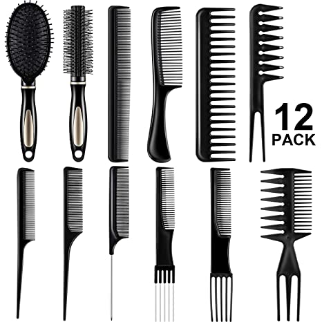 12 Pieces Hair Brush Comb Set Paddle Hair Brush Detangling Brush, Including 1 Airbag Massage Comb,1 Roller Brush and 10 Hair Styling Comb for Wet, Dry, Curly and Straight Hair (Black)