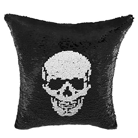 Homecy Reversible Sequins Pillow Cover Skull Patten Mermaid Pillowcases Throw Cushion 16x16 Inch