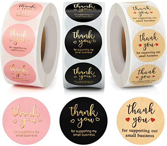 3 Rolls Thank You Stickers Labels Seals Thank You for Supporting My Small Business Stickers Roll, Round Kraft Stickers Thank You Purchase Stickers with Gold Foil (Pink Black Brown, 1 Inch)