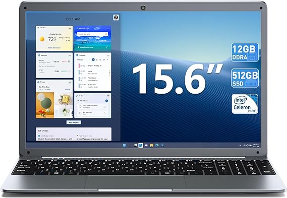 SGIN 15.6 Inch Laptop 12GB RAM 512GB SSD, 1080P FHD Celeron N5095 Up to 2.8GHz, PC Notebook with Dual Band WiFi, 2xUSB 3.0, Keyboard Film in Eight Languages