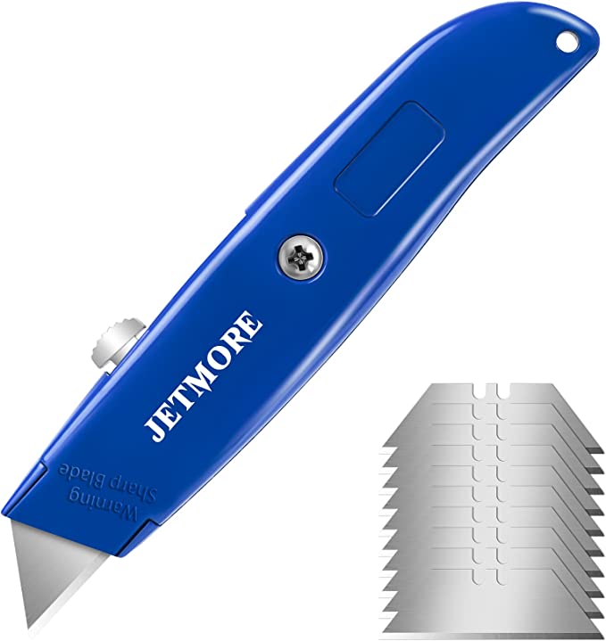 Jetmore Box Cutter, Heavy Duty Utility Knife Razor Knife, Box Cutter Retractable, Portable Blue Box Cutters Box Knife, Aluminum Shell Box Cutter Knife Box Opener with Extra 10 SK5 Blades