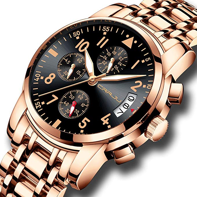 CRRJU Brand Men's Business Casual Chronograph Quartz Waterproof Wristwatch Black Stainless Steel Strap