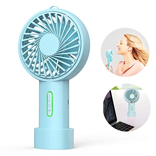 IPOW Mini Handheld Fan Personal Portable Fan 3 Speed Adjustable Angle Removable Base Lanyard USB Recharging Battery Operated Small Desk Cooling Face Fan for Home Camping Disney Travel Mint Blue