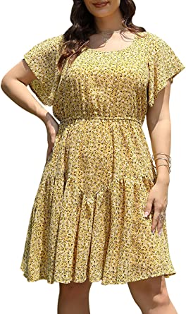 Nemidor Womens Casual Plus Size Summer Boho Chiffon Print Midi Skater Dress with Ruffle Sleeve NEM297