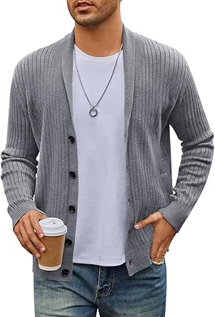 MEROKEETY Men's 2024 Casual Long Sleeve Cardigan Sweater Shawl Collar Button Down Ribbed Knit Outerwear at Amazon Men’s Clothing store