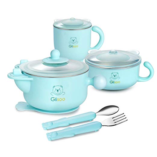 BPA Free Baby Feeding Set, Feeding Bowl with Lid, Salad Bowl, Milk Cup,Spoon and Fork for 6m  Toddlers,316 Stainless Steel,Gift Set Tableware Set by Glisoo(Mint Green)