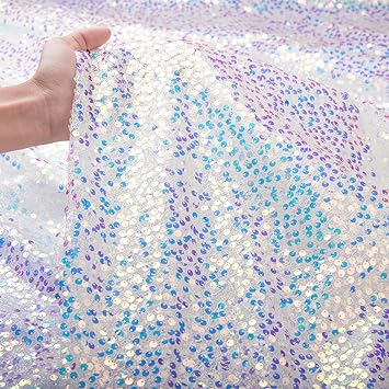 Sequin Fabric by The Yard 5MM Iridescent Mermaid Glitter Fabric 1 Yard White Sparkly Fabric for Wedding Costumes Mermaid Tail Sewing Dress Tablecloth DIY Crafts