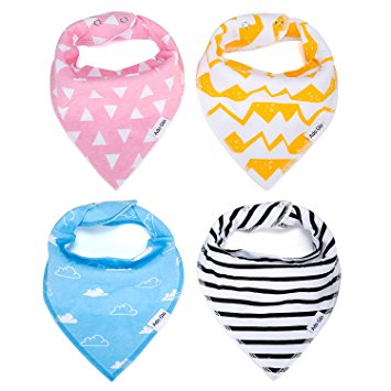 Baby Bandana Bib Set - 100% Organic Cotton Bibs - Extra Absorbent Teething & Drool Bibs with Adjustable Snaps | 4-Pack Unisex Gift Set with a Premium Pacifier Clip for Baby Girl & Boy by Ado Glo