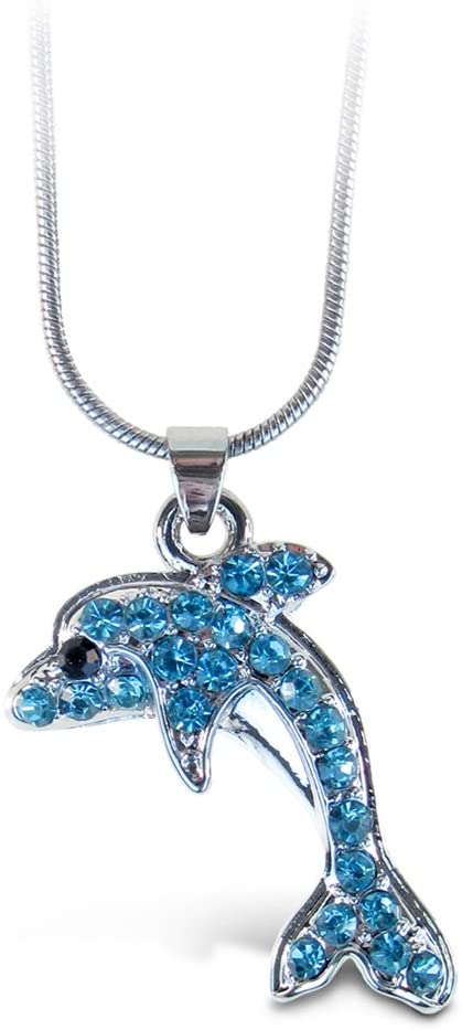 Puzzled Blue Dolphin Necklace, 18 Inch Fashionable & Elegant Silver Chain Jewelry with Rhinestone Studded Pendant for Casual Formal Attire Ocean Marine Life Themed Unisex Fashion Neck Accessory