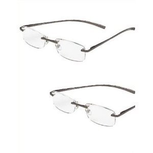(2 PAIR   BONUS) Foster Grant / Magnivision  2.00 ALUMINEYES Reading Glasses - Rimmless Lens with Lightweight Gunmetal Arms     1 FREE BONUS MICRO-SUEDE CLEANING CLOTH