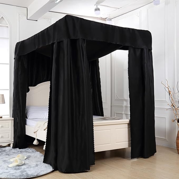 Obokidly Elegant Black 100% Lightproof 4 Corner Post Bed Curtain Bedroom Decoration for Adults Girls Boys Bed Canopies Child Gift (California King, One Solid Black-Bed Curtain)