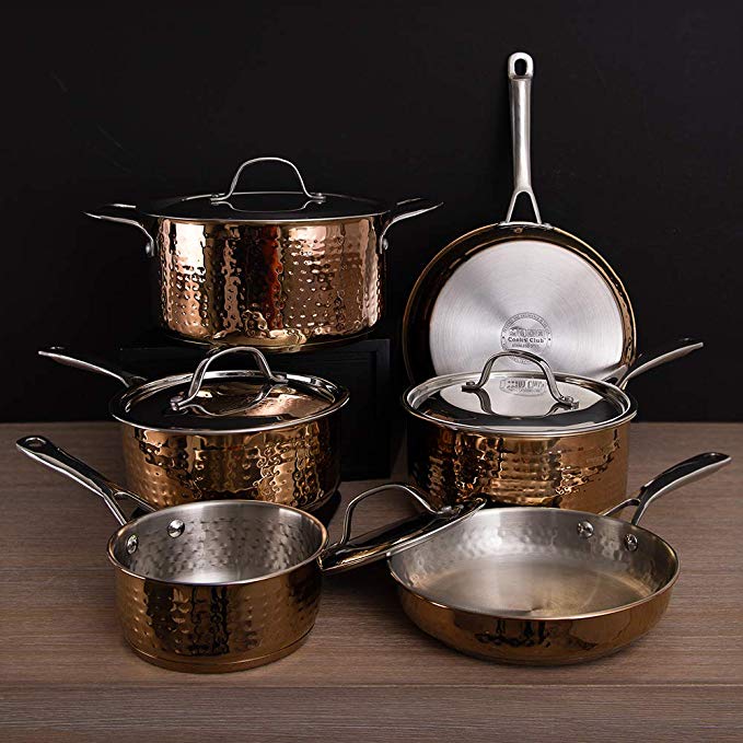 Copper Pots and Pans Set - Hammered Copper Cookware Set 10pc, Stainless Steel Copper Pans Set, Copper Pots