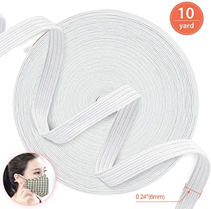heartybay 10-Yard 1/4"(6mm) Braided Flat Elastic Cord/Stretch Band for Sewing DIY Crafting Mask Earloop (White)