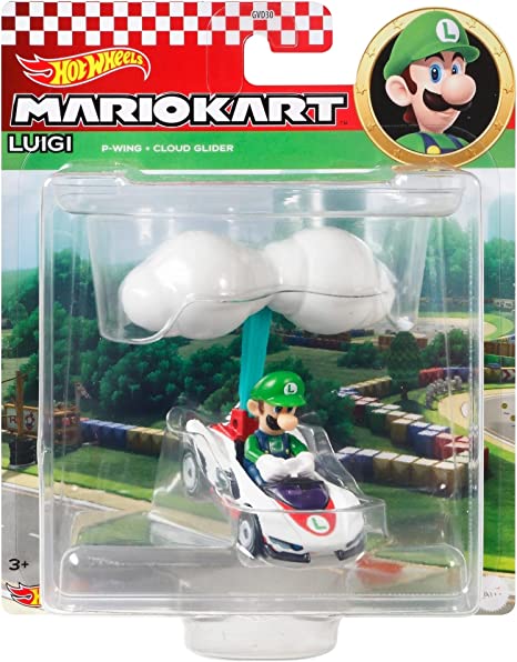 Hot Wheels Die-Cast Mario Kart Luigi in P-Wing Kart with Cloud Glider