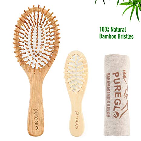 Natural Wooden Hair Brush, Best Bamboo Paddle and Bristle Detangling Hairbrush with Mini Travel Brush Set for Women Men and Kids, for Thick Fine Straight Curly Wavy Dry and Wet Hair