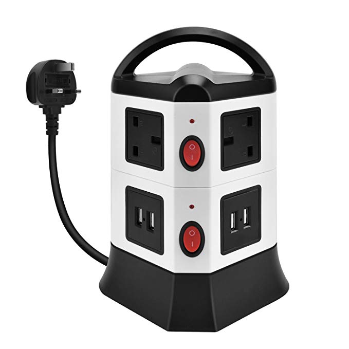 Extension Lead with USB，GotechoD Tower Power Strip 6 Gang 4 USB Ports Vertical Socket Outlets Surge Protector With Overload Protection Individual Switch （Black and White）
