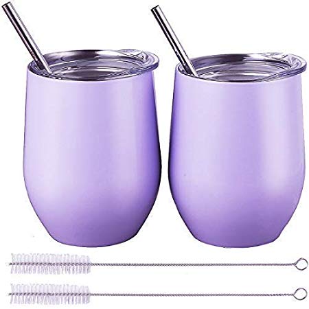 Stainless Steel Wine Tumbler with Lid and Straw 2 Pack - 12 oz Vacuum Insulated Stemless Wine Glass Tumbler, Double Wall Unbreakable Travel Tumbler Cup for Coffee, Wine, Cocktail, Champagne by Grace