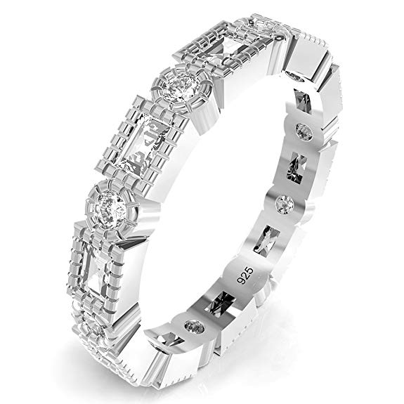 Metal Factory Sterling Silver Radiant & Round CZ Stackable Anniversary Eternity Cubic Zirconia Band Ring
