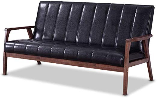 Baxton Furniture Studios Nikko Mid-Century Modern Scandinavian Style Faux Leather Wooden 3 Seater Sofa, Black