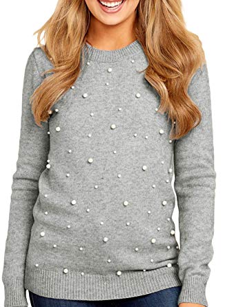 Podlily Women's Round Neck Long Sleeve Soft Solid Knitted Sweater
