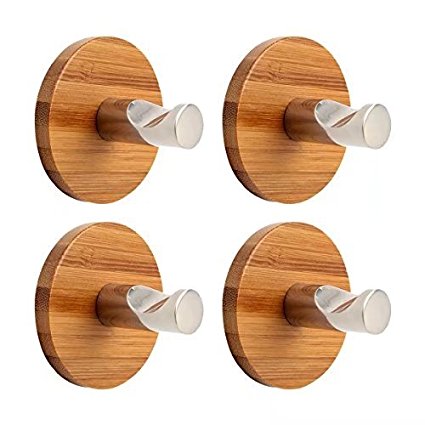 MOCRUX Adhesive Hooks 4pcs/Pack Bamboo 304 Stainless Steel 3M Stick for Home Kitchen (Round bamboo)
