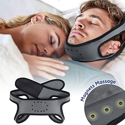 Anti Snoring Chin Strap - Breathable & Naturally Stop Snoring Device, Patent Design w/Promoting Blood Circulation Magnets, Adjustable Snore Reduction Belt for Men & Women to Improve REM Sleep (Grey)