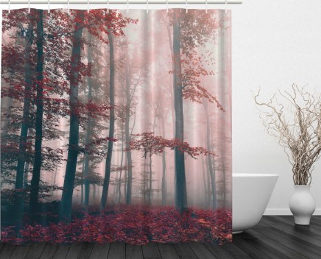 Woodsy Shower Curtain Red Mystic Forest Mystical Charcoal Foggy Country Decor Photography Enchanted Forest Wild Jungles Ombre Digital Print Polyester Fabric Shower Curtain