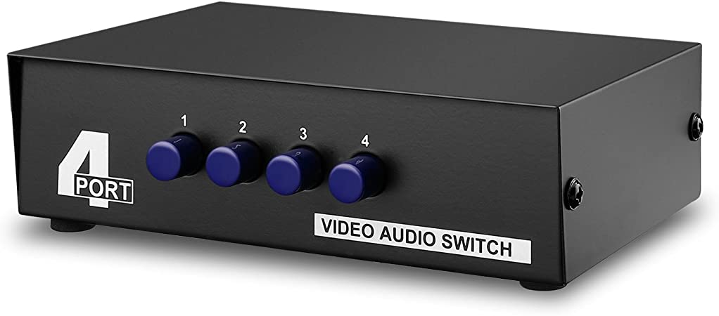 TNP AV Switch Box Switcher Selector (4 Input 1 Output) - 4 Way Port Stereo RCA Audio and Composite Video Selector Switch Box for Wii, Xbox, DVD, PS2, Cable Box, Security Monitors, Cameras