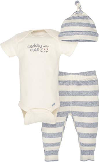 GERBER Baby Boys' 3-Piece Organic Onesies Bodysuit, Pant and Cap