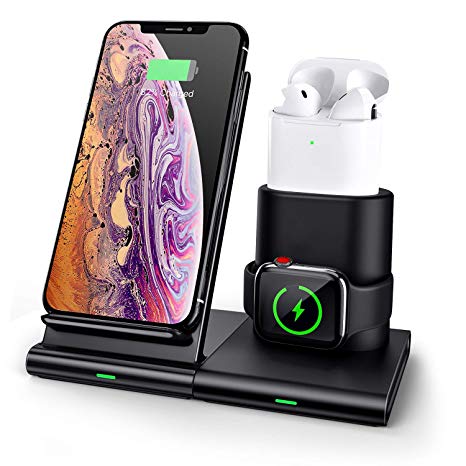 Wireless Charger COULAX 3 in 1 Wireless Charging Station QI Wireless Charger Stand Multiple Devices Fast Charge Station Compatible with iPhone 11 Pro/XS Max/Airpods/Apple Watch Charger Stand