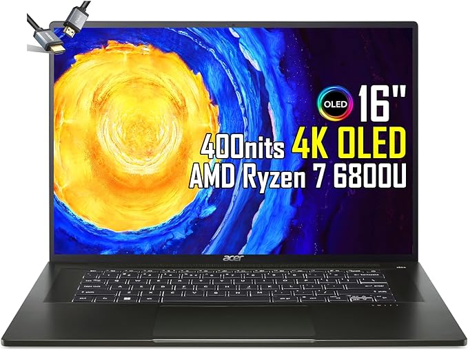 Acer Swift Edge 16" 4K OLED 400 nits Extremely Slim Laptop, 8cores AMD Ryzen7 6800U, Backlit KB, Fingerprint Reader, 100% DCI-P3, Windows11 Pro, w/HDMI (16GB RAM | 2TB SSD)